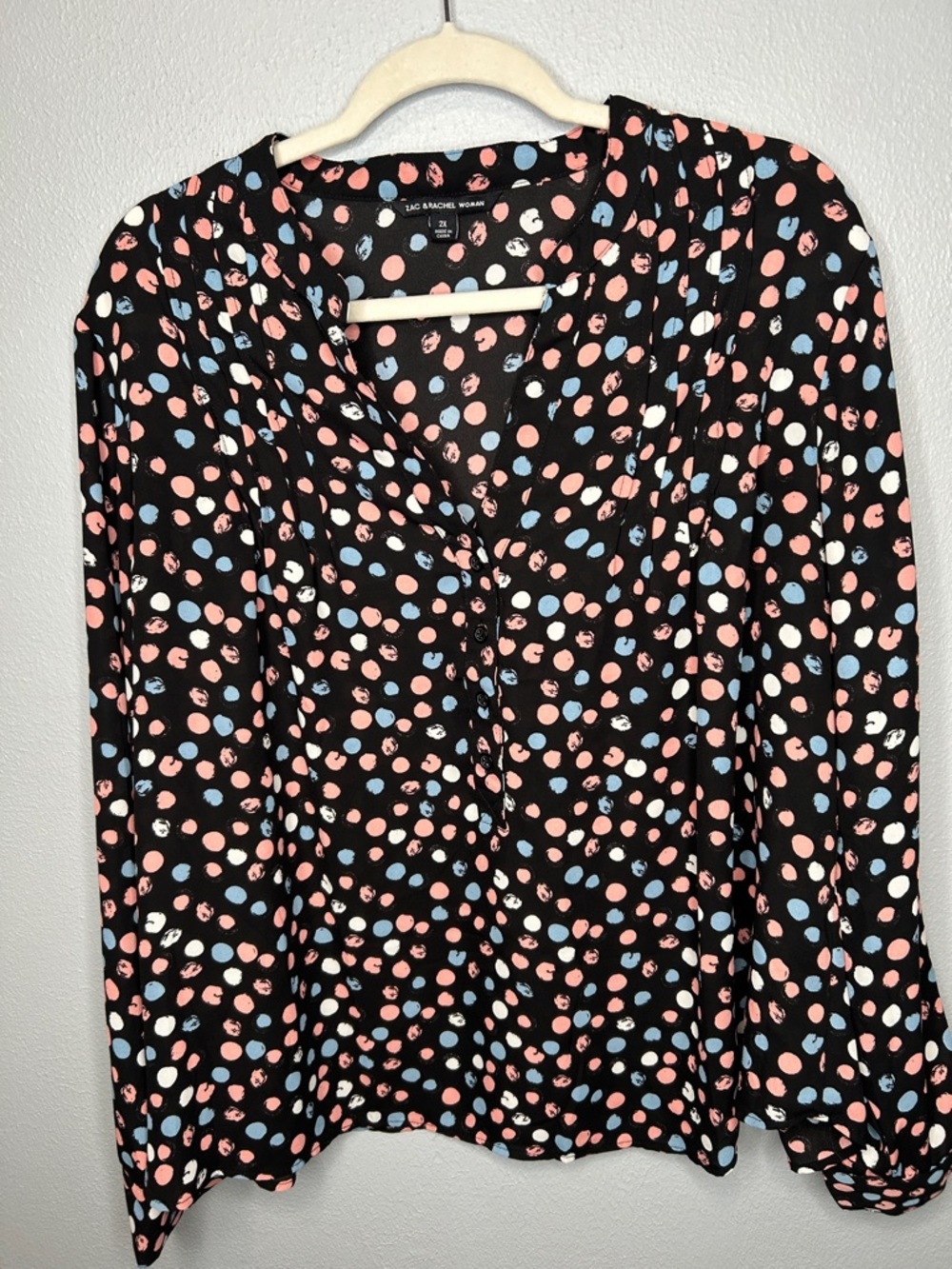 Zac & RachelBlack Blouse with Pink, Light Blue & White Polka Dot Print. Size 2x